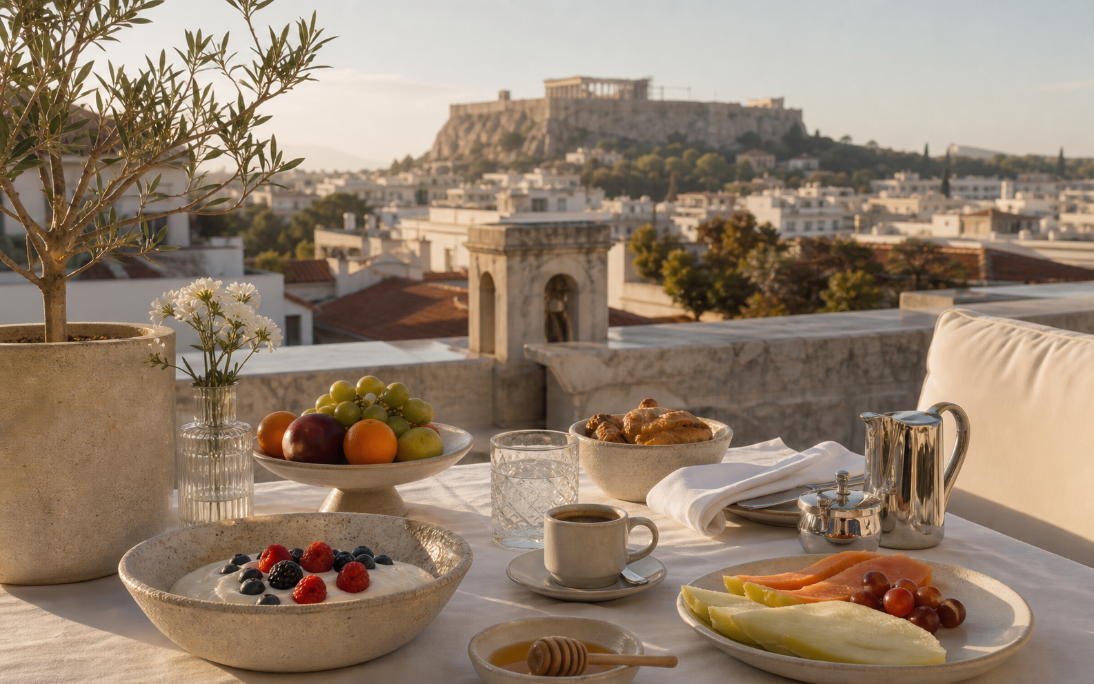 Athens hotel terrace breakfast with city views