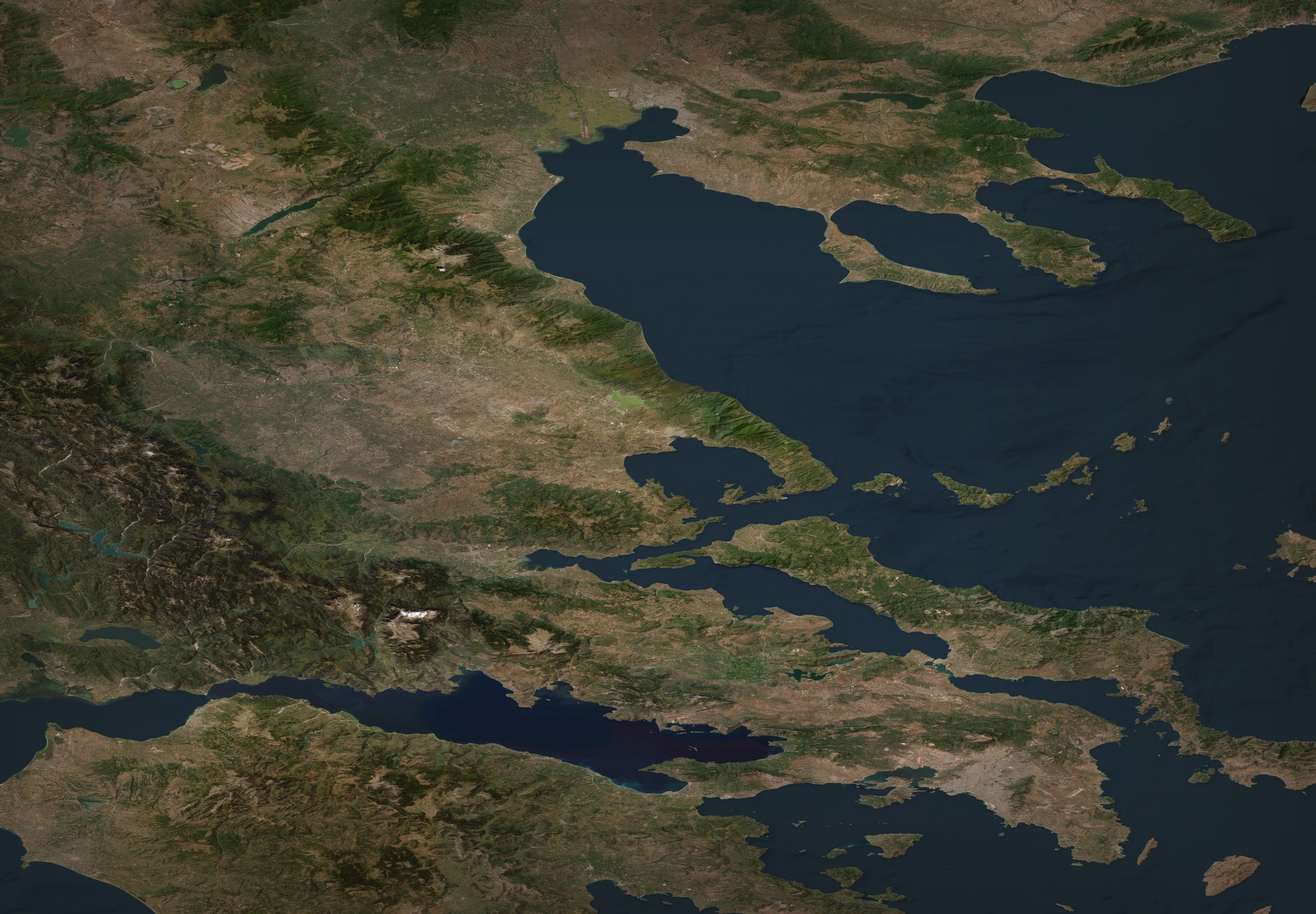Satellite view of central Greece showing Athens, Thessaloniki, and Volos